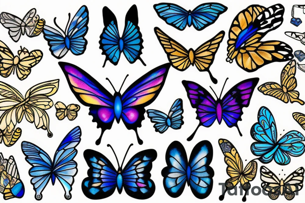 Butterfly with white and blue wings that were once broken but glued back together with gold  kintsugi tattoo idea