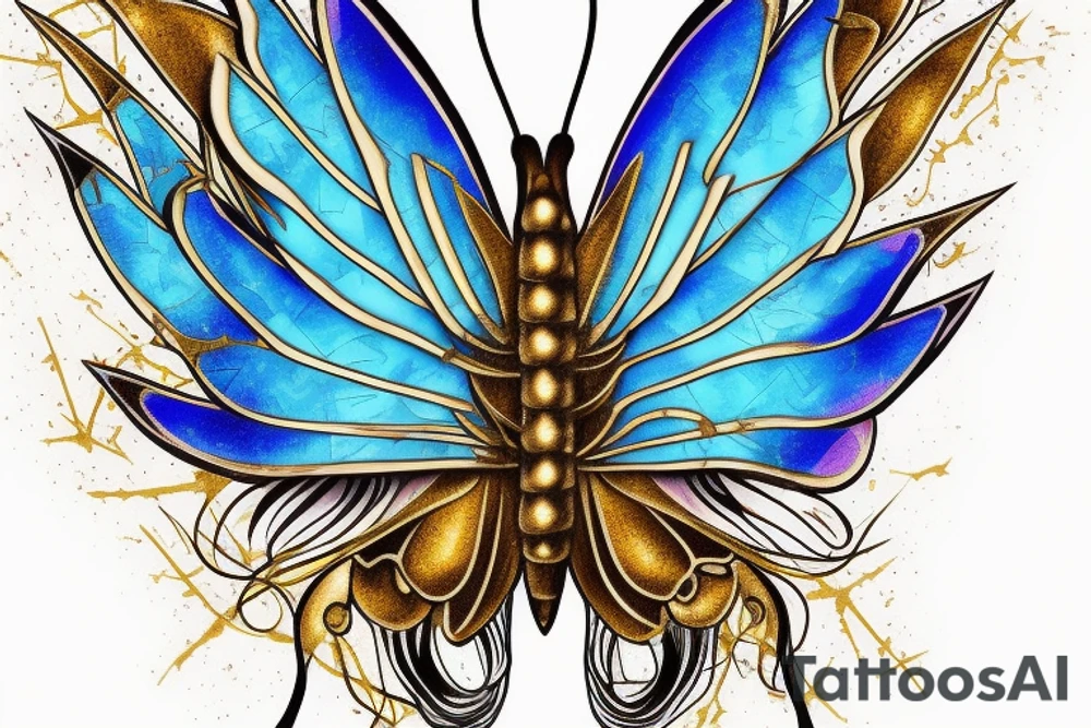 Butterfly with white and blue wings that were once broken but glued back together with gold  kintsugi tattoo idea