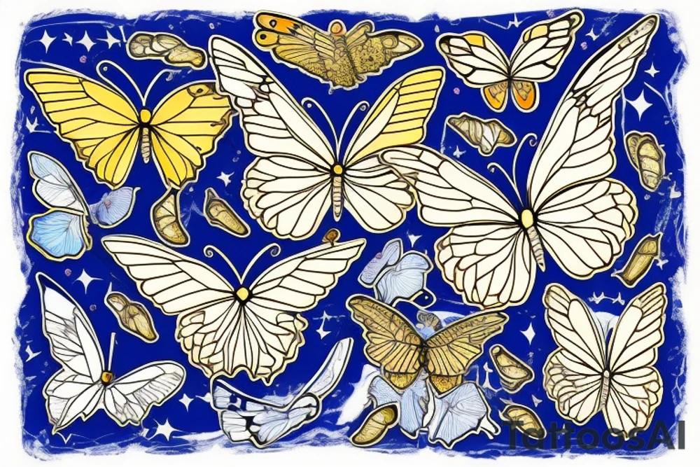 Butterfly with white and blue wings that were once broken but glued back together with gold  kintsugi tattoo idea