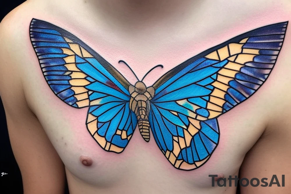 Butterfly with white and blue wings that were once broken but glued back together with gold  kintsugi tattoo idea