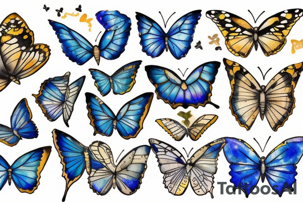 Butterfly with white and blue wings that were once broken but glued back together with gold  kintsugi tattoo idea