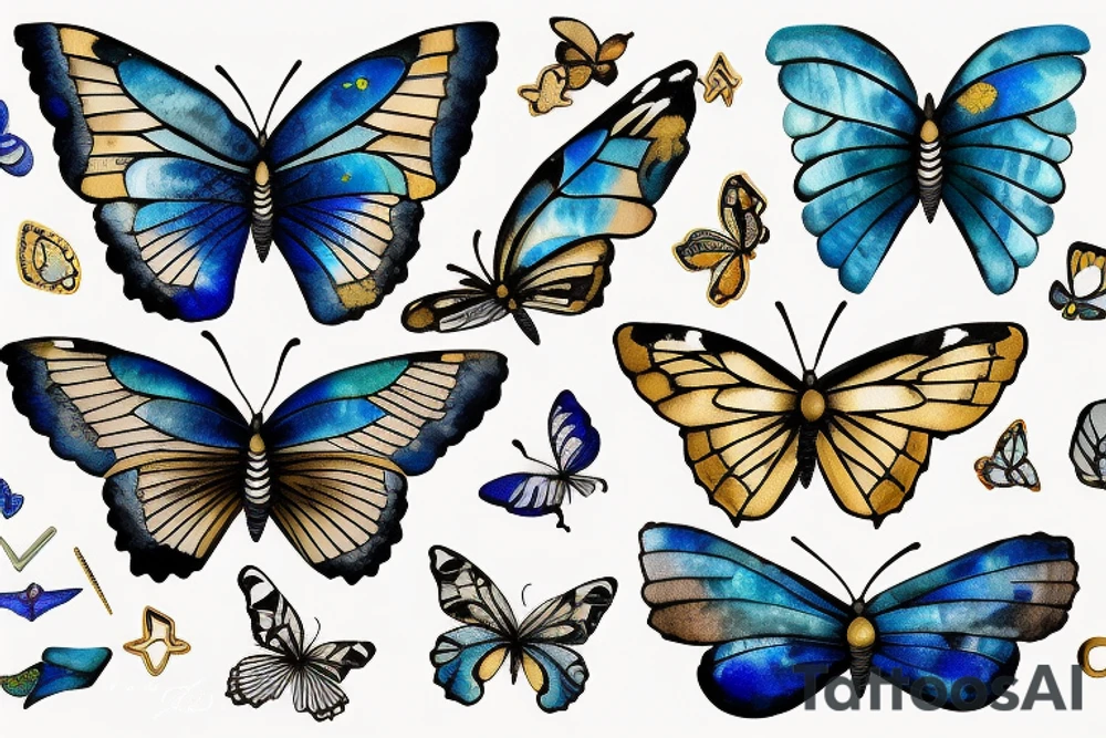 Butterfly with white and blue wings that were once broken but glued back together with gold  kintsugi tattoo idea