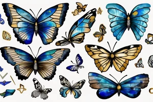 Butterfly with white and blue wings that were once broken but glued back together with gold  kintsugi tattoo idea