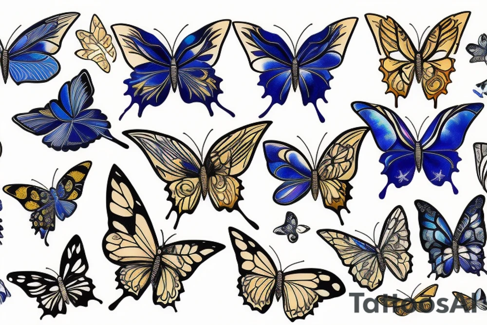 Butterfly with white and blue wings that were once broken but glued back together with gold  kintsugi tattoo idea