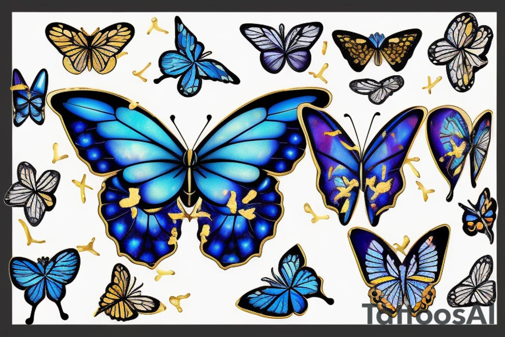 Butterfly with white and blue wings that were once broken but glued back together with gold  kintsugi tattoo idea
