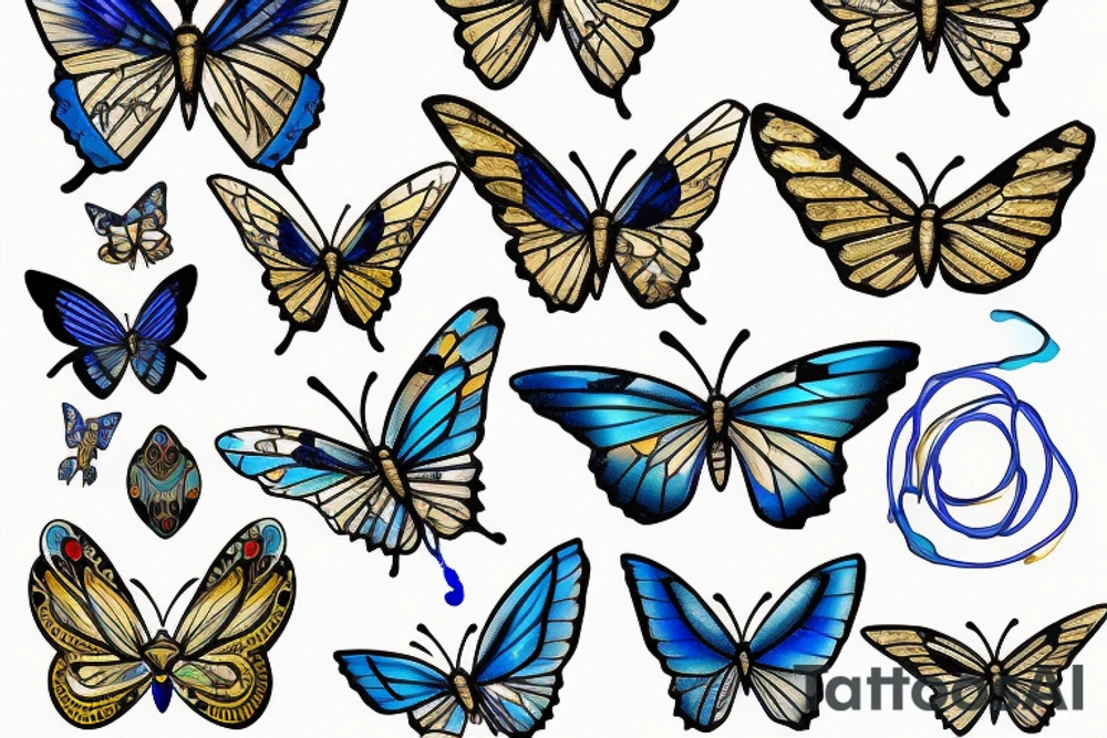 Butterfly with white and blue wings that were once broken but glued back together with gold  kintsugi tattoo idea