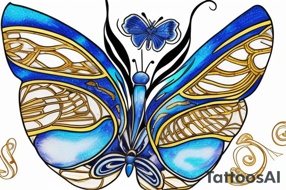 Butterfly with white and blue wings that were once broken but glued back together with gold  kintsugi tattoo idea