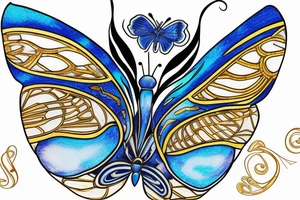 Butterfly with white and blue wings that were once broken but glued back together with gold  kintsugi tattoo idea