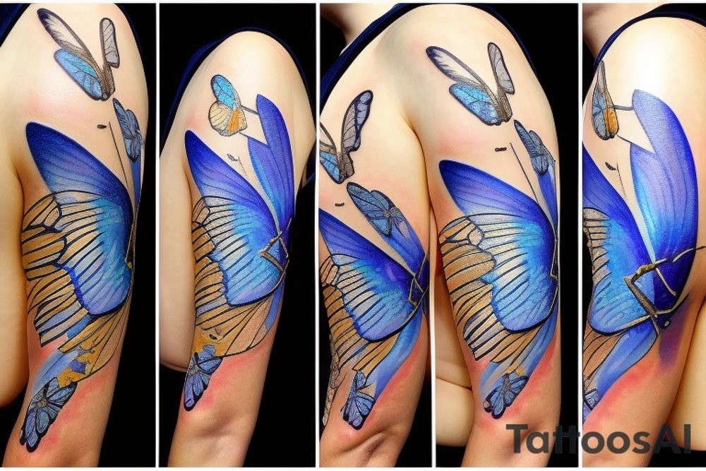 Butterfly with white and blue wings that were once broken but glued back together with gold  kintsugi tattoo idea