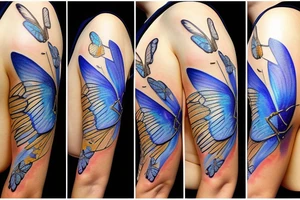 Butterfly with white and blue wings that were once broken but glued back together with gold  kintsugi tattoo idea
