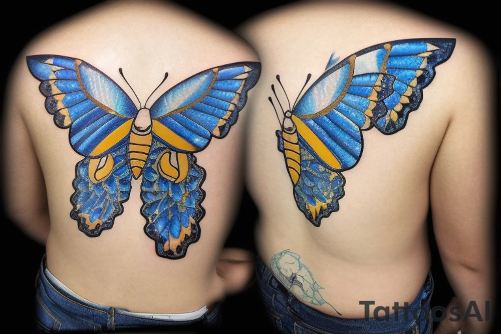 Butterfly with white and blue wings that were once broken but glued back together with gold  kintsugi tattoo idea
