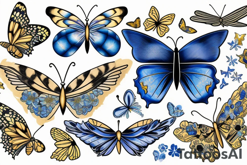 Butterfly with white and blue wings that were once broken but glued back together with gold  kintsugi tattoo idea