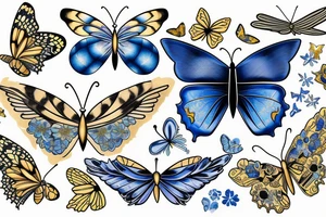 Butterfly with white and blue wings that were once broken but glued back together with gold  kintsugi tattoo idea