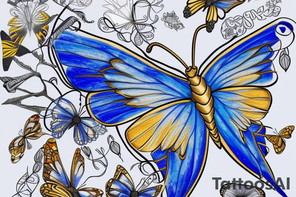 Butterfly with white and blue wings that were once broken but glued back together with gold  kintsugi tattoo idea