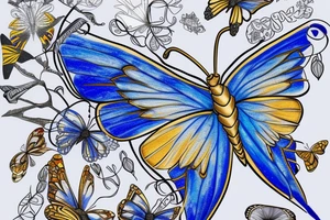 Butterfly with white and blue wings that were once broken but glued back together with gold  kintsugi tattoo idea