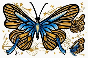 Butterfly with white and blue wings that were once broken but glued back together with gold  kintsugi tattoo idea
