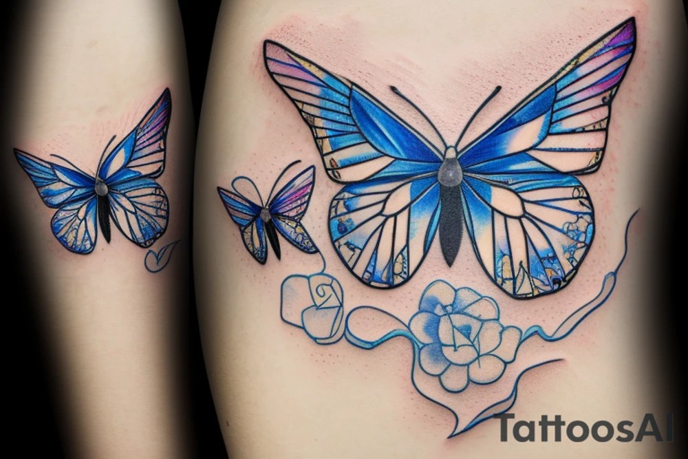 Butterfly with white and blue wings that were once broken but glued back together with gold  kintsugi tattoo idea