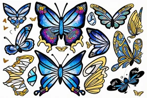 Butterfly with white and blue wings that were once broken but glued back together with gold  kintsugi tattoo idea