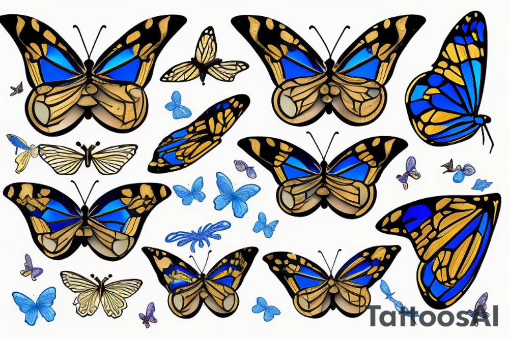 Butterfly with white and blue wings that were once broken but glued back together with gold  kintsugi tattoo idea