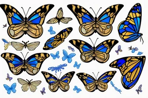 Butterfly with white and blue wings that were once broken but glued back together with gold  kintsugi tattoo idea