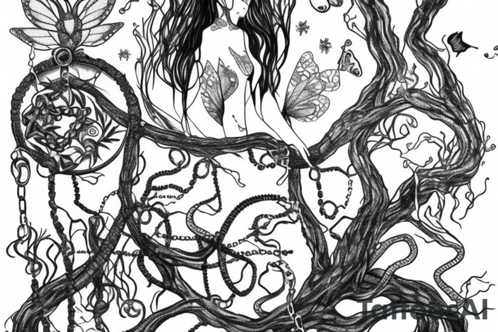 forest with fairy and chains around them tattoo idea