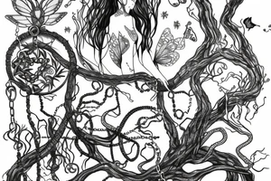 forest with fairy and chains around them tattoo idea