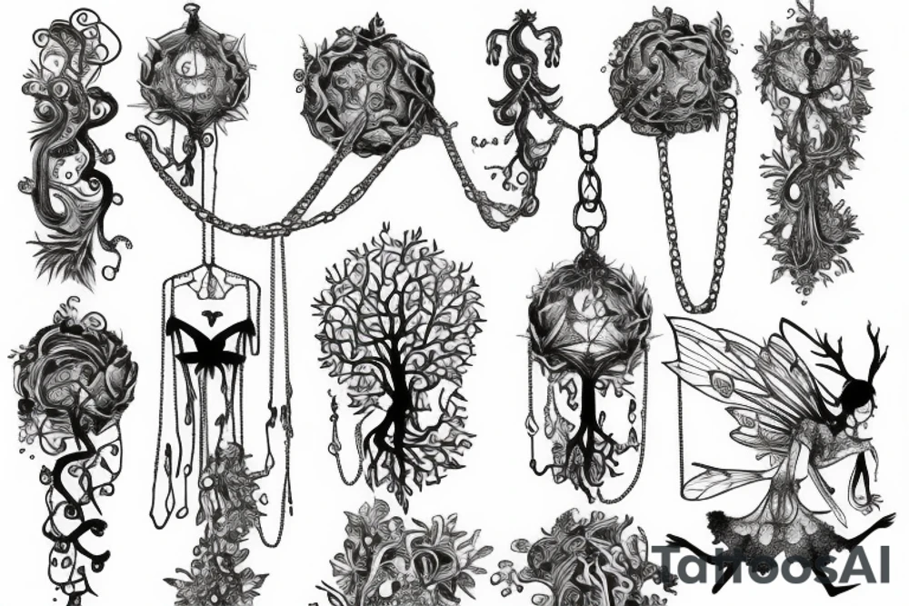 forest with fairy and chains around them tattoo idea