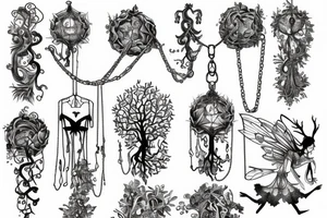forest with fairy and chains around them tattoo idea