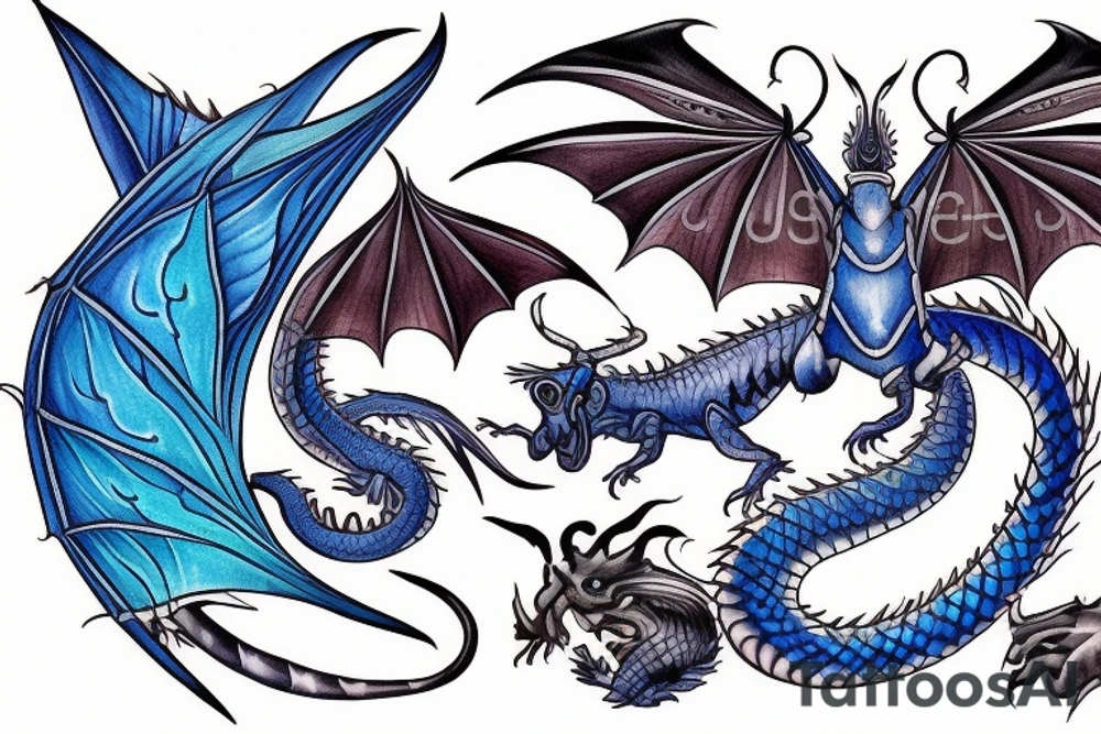 Medieval dragon moth open with blue flames tattoo idea