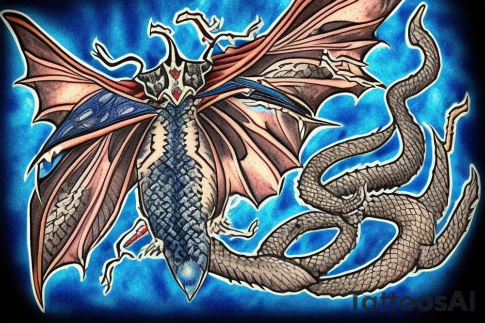 Medieval dragon moth open with blue flames tattoo idea