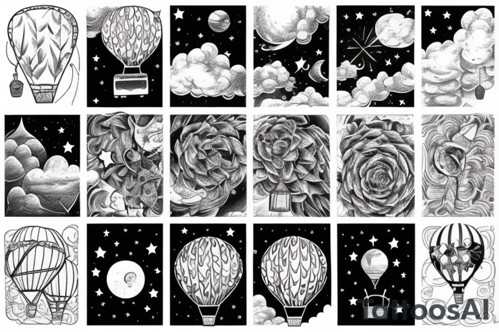 a star filled night with clouds,  hot air balloon, a spaceship tattoo idea