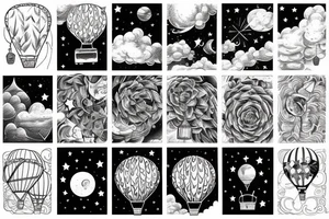 a star filled night with clouds,  hot air balloon, a spaceship tattoo idea