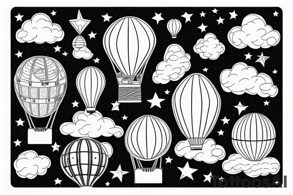 a star filled night with clouds,  hot air balloon, a spaceship tattoo idea