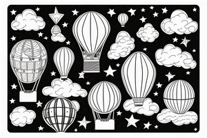 a star filled night with clouds,  hot air balloon, a spaceship tattoo idea
