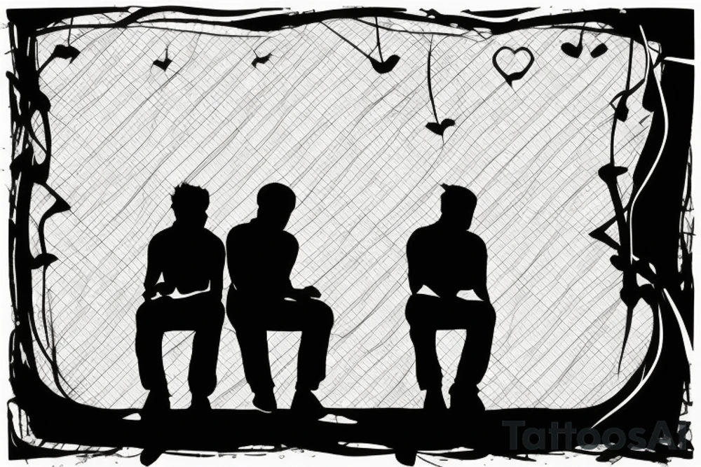 Two guys silhouettes sitting sad back to back.  They are looking in the opposite directions. One to the left and one to the right. tattoo idea