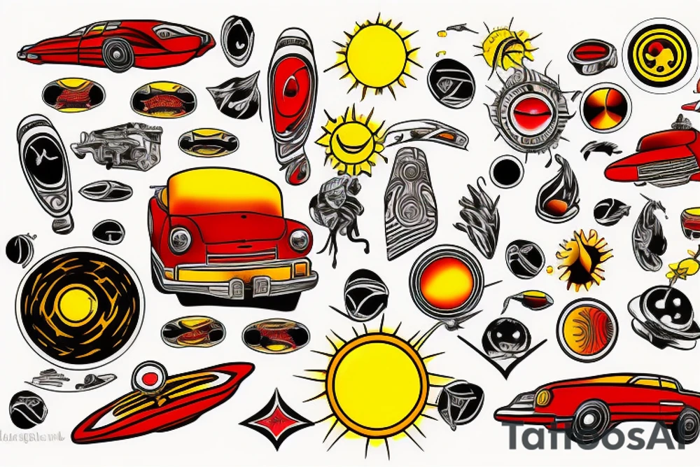 Yellow sun red cars in the universe tattoo idea