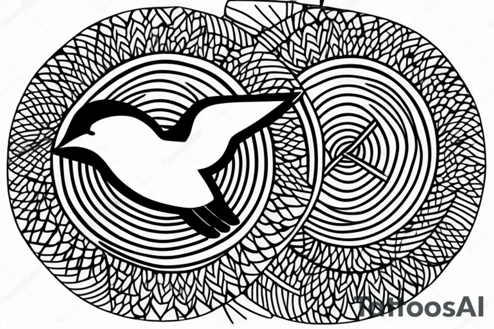 Minimalist outline drawing of a bird in flight, geometric circles, tattoo idea