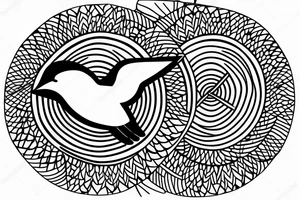 Minimalist outline drawing of a bird in flight, geometric circles, tattoo idea