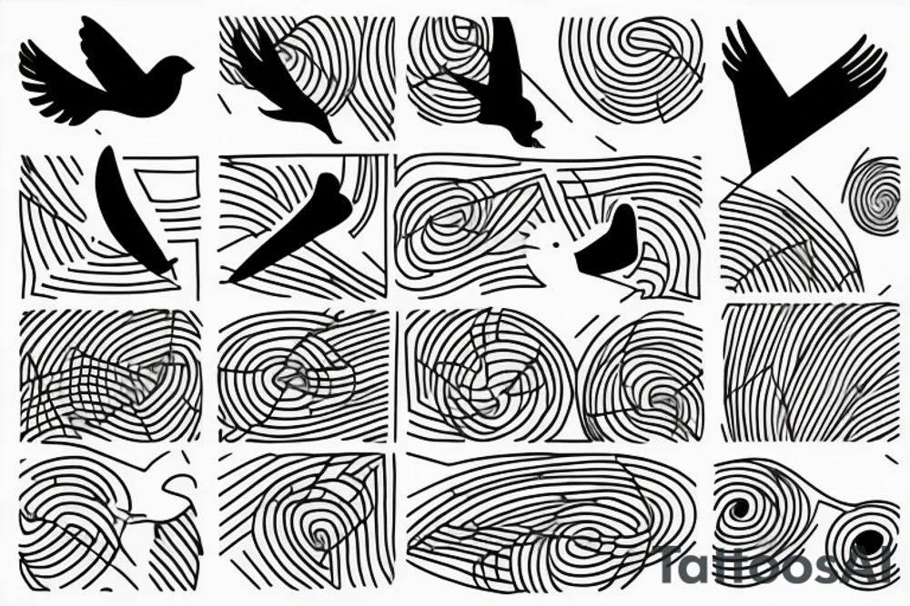 Minimalist outline drawing of a bird in flight, geometric circles, tattoo idea