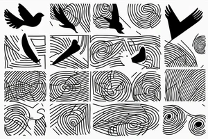Minimalist outline drawing of a bird in flight, geometric circles, tattoo idea