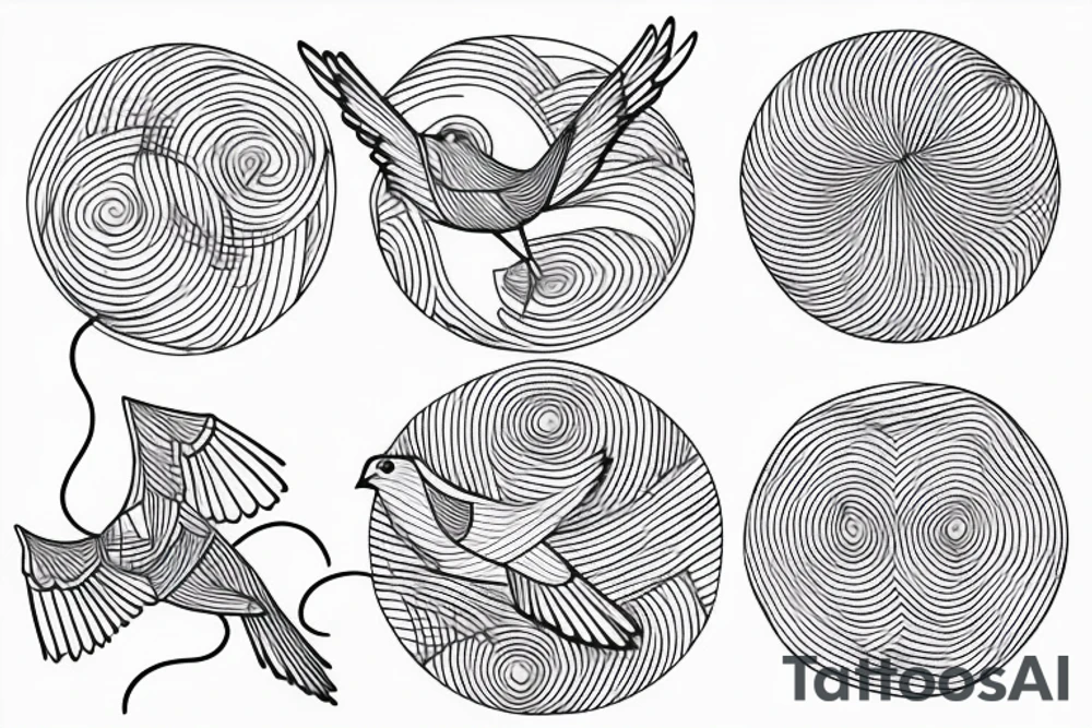 Minimalist outline drawing of a bird in flight, geometric circles, tattoo idea