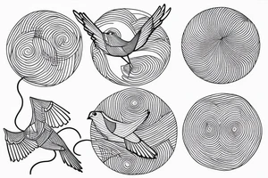 Minimalist outline drawing of a bird in flight, geometric circles, tattoo idea