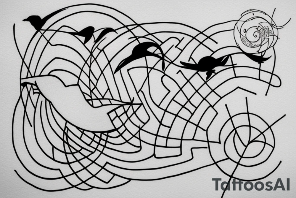 Minimalist outline drawing of a bird in flight, geometric circles, tattoo idea