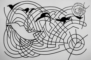 Minimalist outline drawing of a bird in flight, geometric circles, tattoo idea