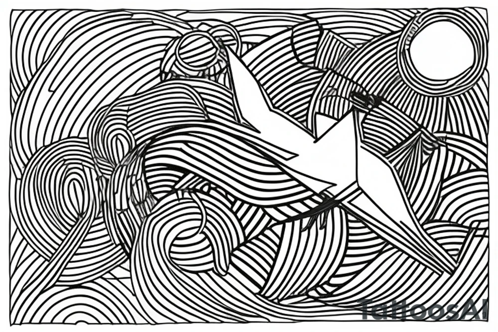 Minimalist outline drawing of a bird in flight, geometric circles, tattoo idea