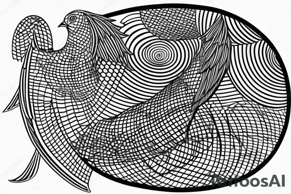 Minimalist outline drawing of a bird in flight, geometric circles, tattoo idea