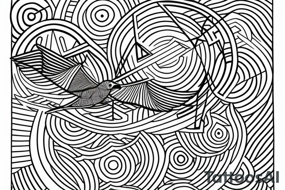 Minimalist outline drawing of a bird in flight, geometric circles, tattoo idea