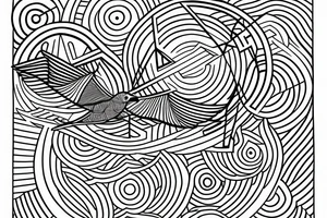 Minimalist outline drawing of a bird in flight, geometric circles, tattoo idea