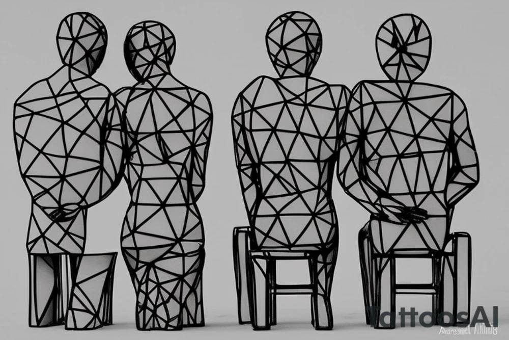 The sculpture from burning man festival from Alexander Milov called love. It shows two sad people sitting with their backs to each other and their inner children looking towards each other. The people look sad. tattoo idea