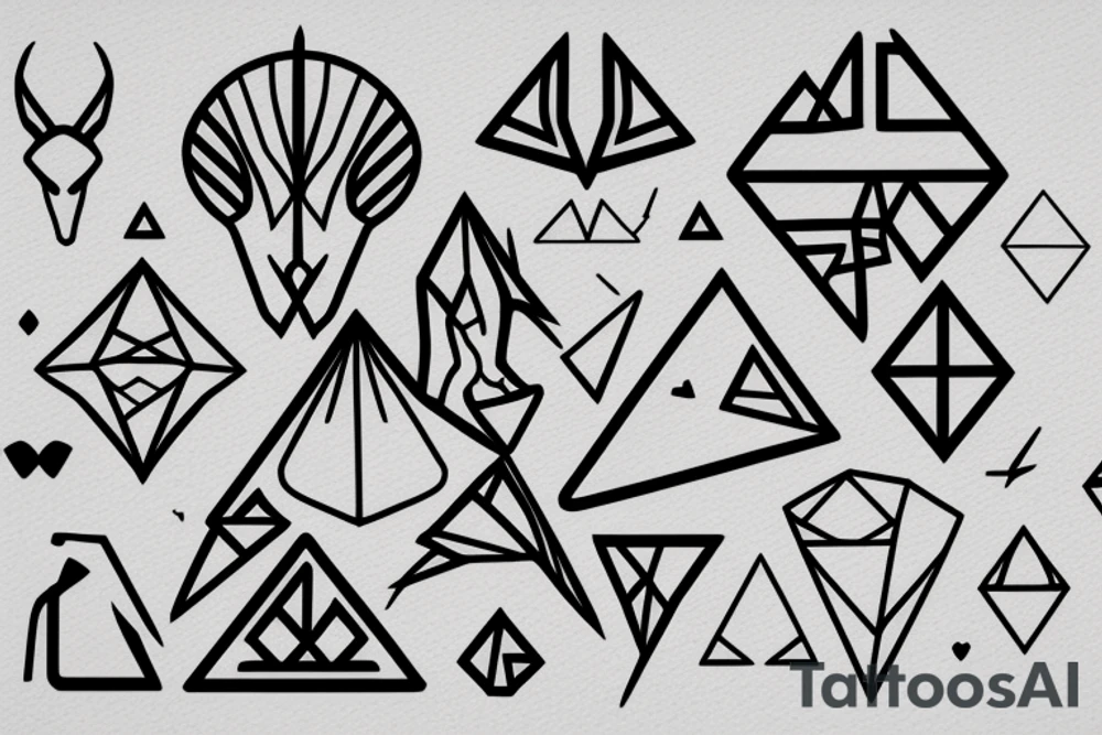 Air symbol triangle shape is core with extra line crossing it and little heart type icon overlayed or integrated somehow. Symbols and super fine lines tattoo idea